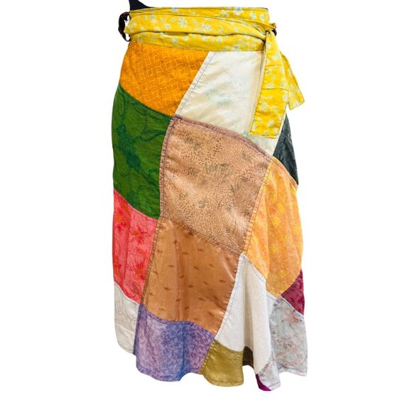 Vintage Boho Cottagecore Patchwork 100% Silk Wrap Skirt By Greater Good Retro - Picture 1 of 7
